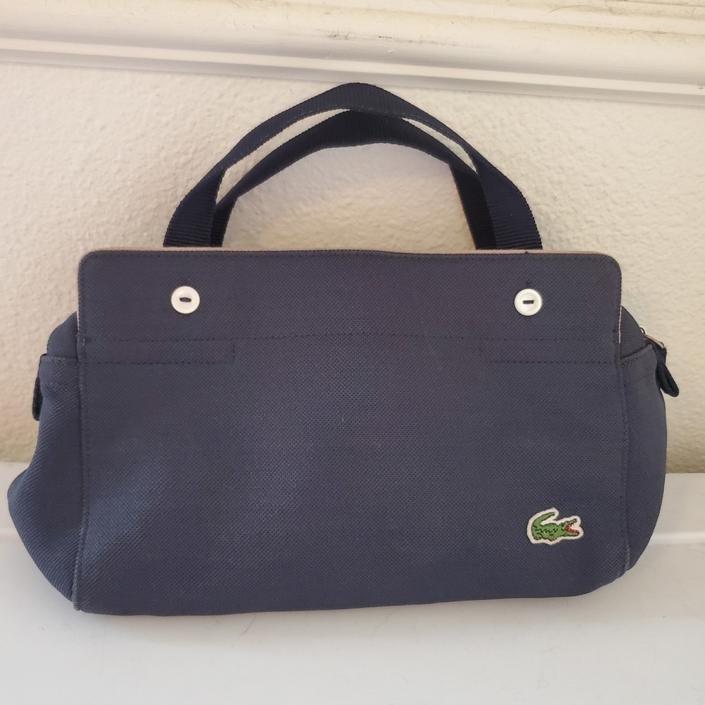 Lacoste Navy Blue Pique Canvas Mini Tote Bag Triple Compartment Handbag